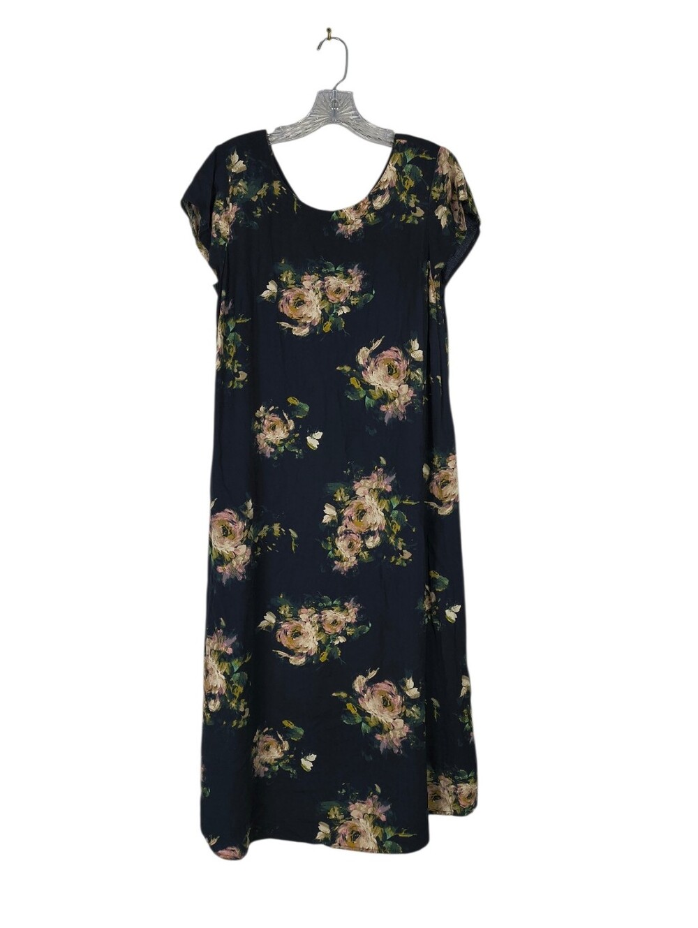 J Jill Midi Dress Women's S Navy Floral Short Sleeves Button Back Rayon Feminine